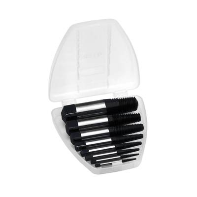 A set of seven steel screw extractors in a white, open plastic case.