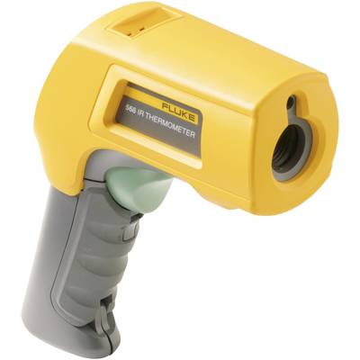 A yellow infrared thermometer with a grey handle, brand name 'Fluke', for measuring temperature from a distance.