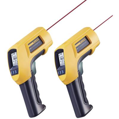 Two yellow infrared thermometers with laser pointers are pointing at digital displays showing a temperature of 58.0°C.