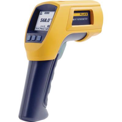 A yellow infrared thermometer with a display shows a temperature of 568.0 degrees Celsius. Brand name visible in the top right corner.
