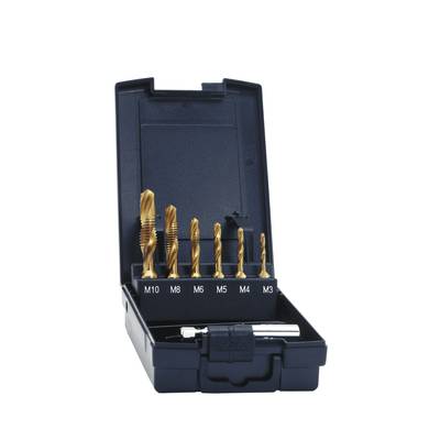 Open drill bit set box containing six gold-coloured drill bits of varying sizes, marked from M3 to M10.