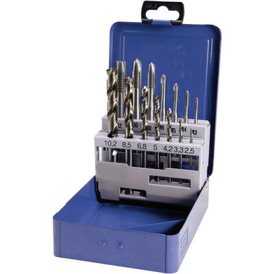 Drill and tap replacement set in a blue metal case, various sizes, numbered from 3.2 to 10.2, for precision drilling.
