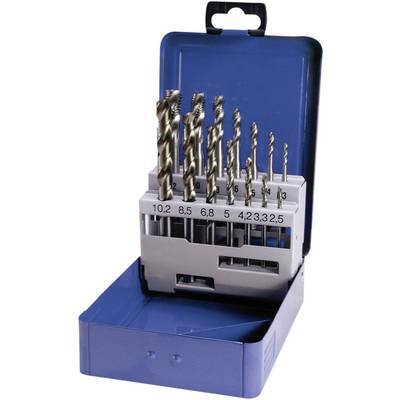 Drill bit set in a blue case. Various drill bit sizes, numbered holders for easy selection, ideal for DIY enthusiasts.