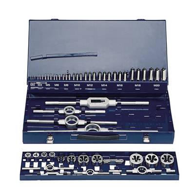 Metal Thread Cutting Set in an open blue case. Contains various taps and dies.