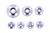 Seven round metal parts with varying diameters. Each part has five holes and bears an embossed number.