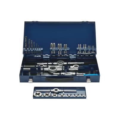 Tool kit with various threading tools, drill bits, and attachments, neatly arranged in a blue metal case.