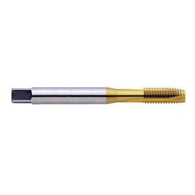 Metal cutting tool with a silver shaft and a gold, threaded tip, used for creating threads on metal surfaces.