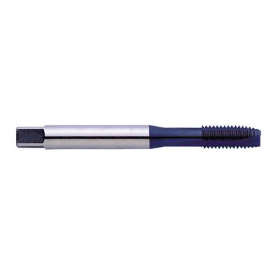 A metal tap, lying on its side. The cylindrical shaft with cutting thread is used for cutting threads in holes.