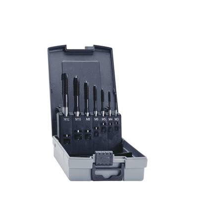 A set of tap drills in an open plastic case, ranging from M3 to M12, arranged from small to large.