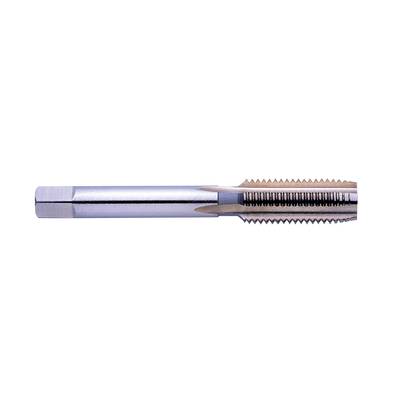 A metal thread-cutting tap with sharp milling teeth, positioned horizontally, on a white background. Suitable for cutting threads in holes.