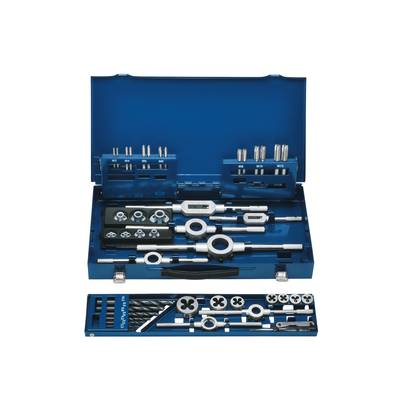 Blue toolbox with drill bits, taps, and other metalworking tools, displayed open.