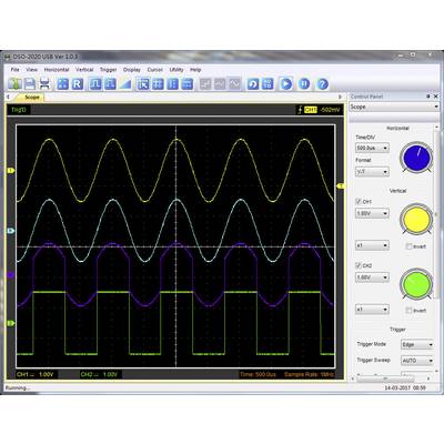 'Oscilloscope screen with four wave-like signals in different colours. Signals have varying amplitudes and frequencies.'