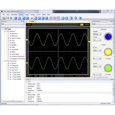'Screen shot of an oscilloscope with two waveforms. The x-axis shows time, the y-axis voltage. Measurements are displayed on the right and bottom.'