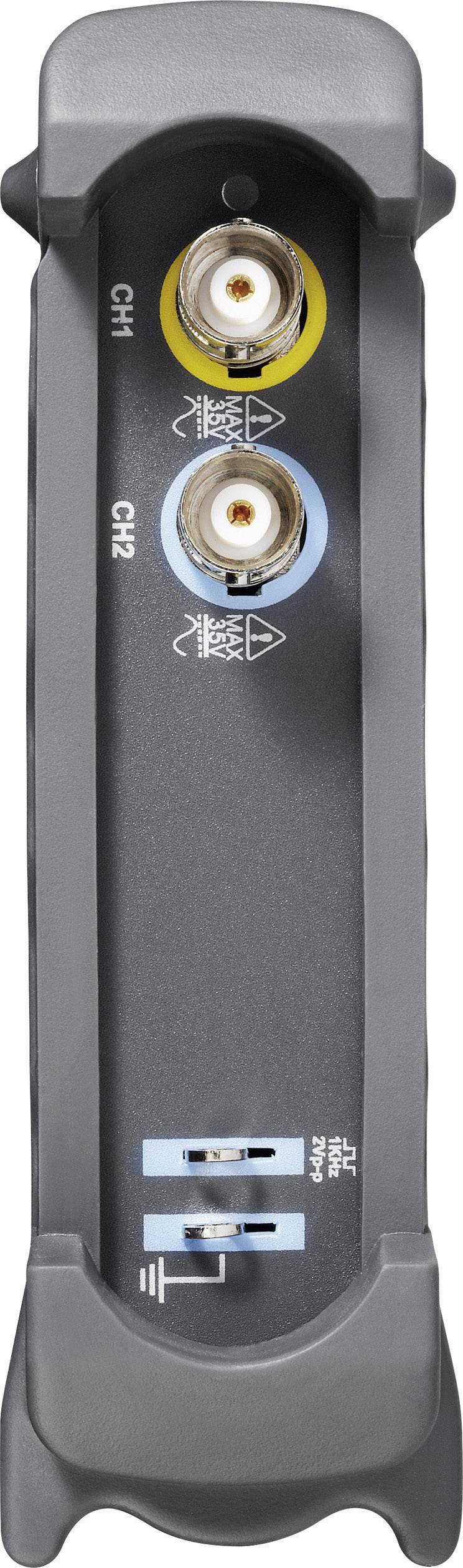 A vertical, grey measuring instrument with two connections, marked as CH1 in yellow and CH2 in blue.