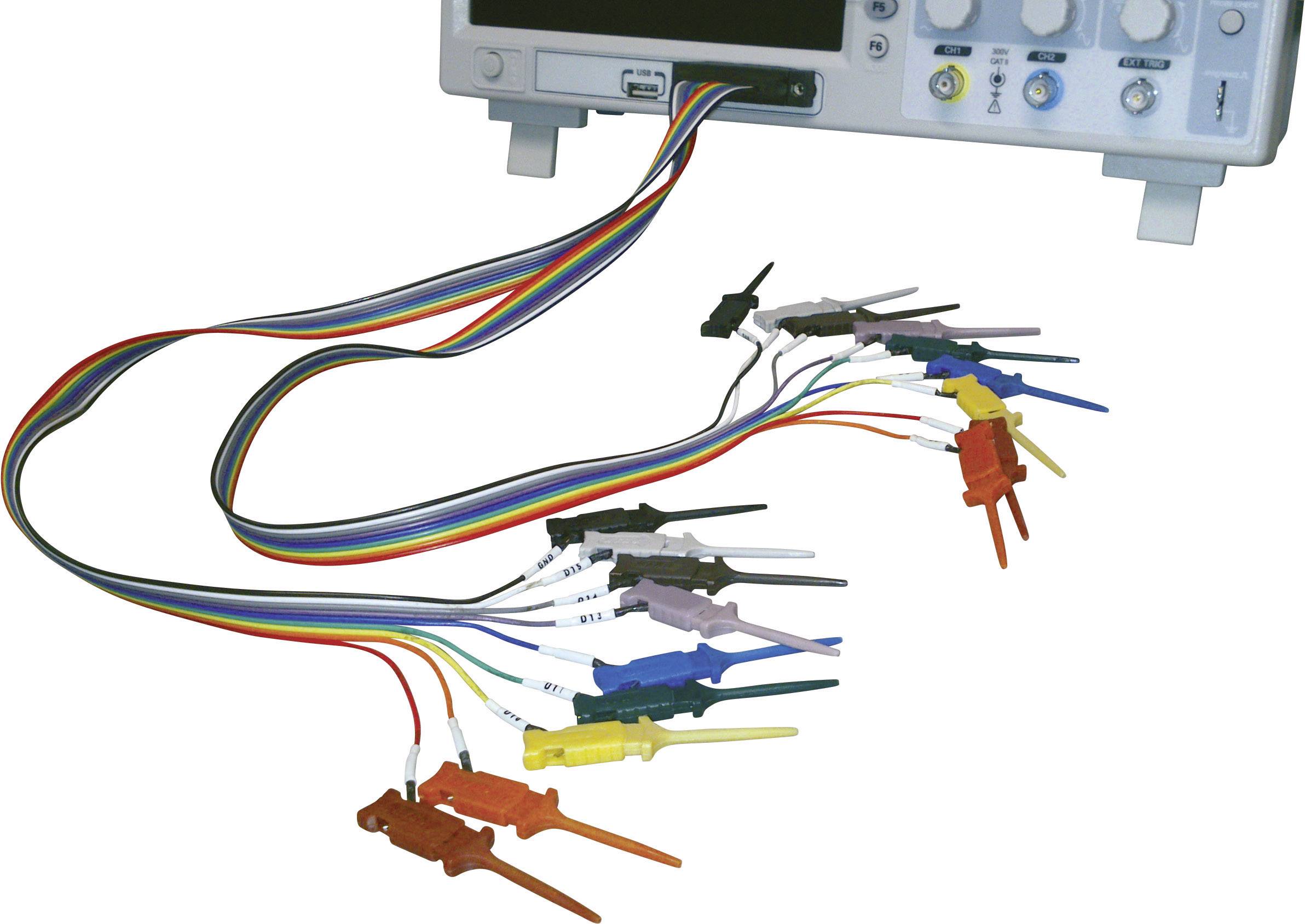 An oscilloscope with multiple connected coloured cables and clips, ready for conducting electrical measurements.