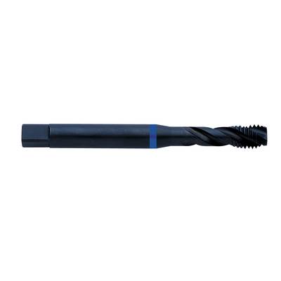 A black spiral drill bit with a blue ring, showing the thread-cutting edges. The background is neutral to highlight the tool.