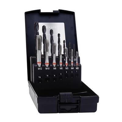 An opened tap and die set with various thread-cutting taps in a black box. Sizes ranging from M12 to M3 are clearly visible.