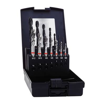 Set of metal drill bits in a black case. The sizes range from M3 to M12, each clearly marked.