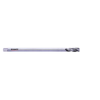 A silver-coloured spiral drill bit with fine threads at the end, side inscription 'EXACT cut tap'.