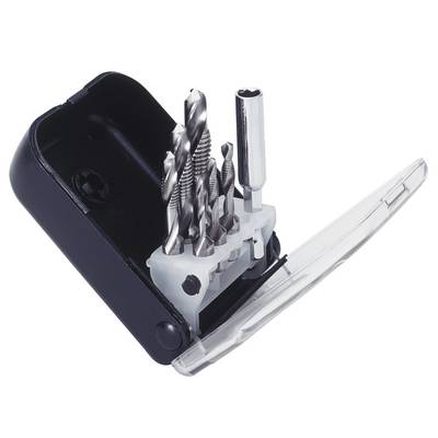 An opened drill bit set in a black case with a clear lid. Contains multiple metal drill bits of various sizes.