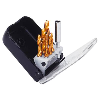 A set of metal drill bits in an open case with a transparent lid. The drill bits are gold-coloured and arranged in various sizes.