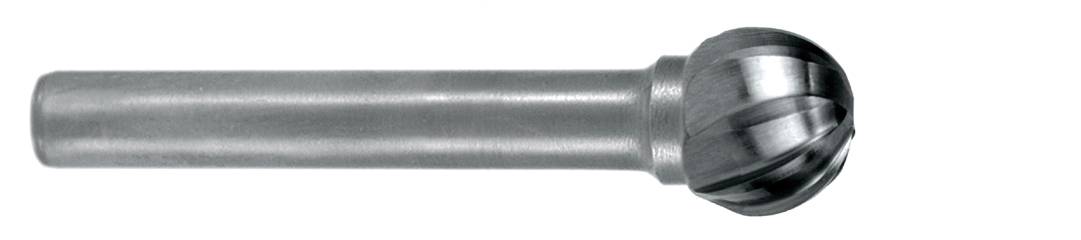 'Grey metal milling cutter with a spherical head and sharp, spiral-edged cutting surfaces, against a white background.'
