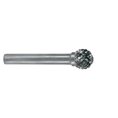 Milling cutter with a spherical cutting head and metallic shaft, used for material processing and shaping.