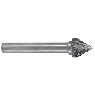 A metal milling cutter with a cylindrical shaft and a conical, toothed tip for machining materials.