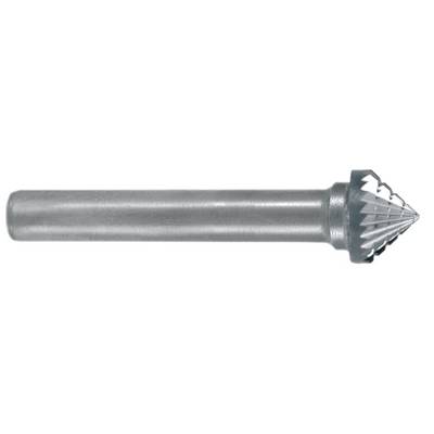 Metal milling cutter with a conical head and straight cutting surface, used for grinding or machining materials.