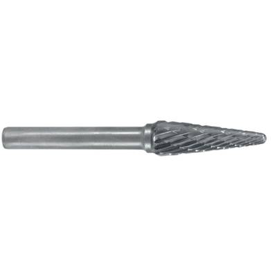 A conical metal milling bit with a ridged surface. Used for precise grinding and shaping of materials.
