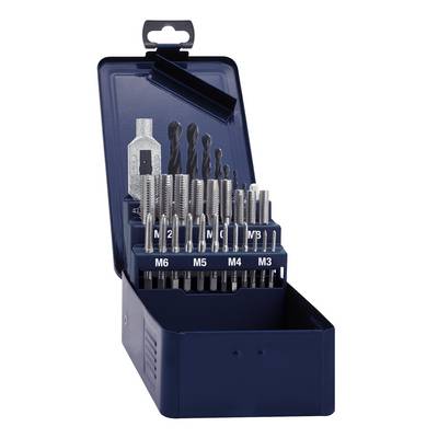 Drill and tap set in an open blue metal box, with various sizes ranging from M3 to M6 visible.