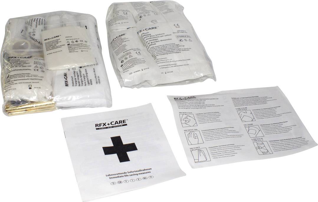 First aid kit with dressing materials, plasters and an instruction sheet.