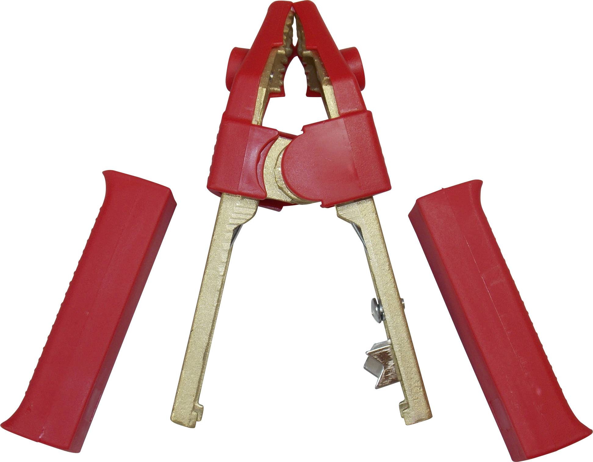 Red jump leads with removable plastic covers, shown open, for connecting batteries in vehicles.