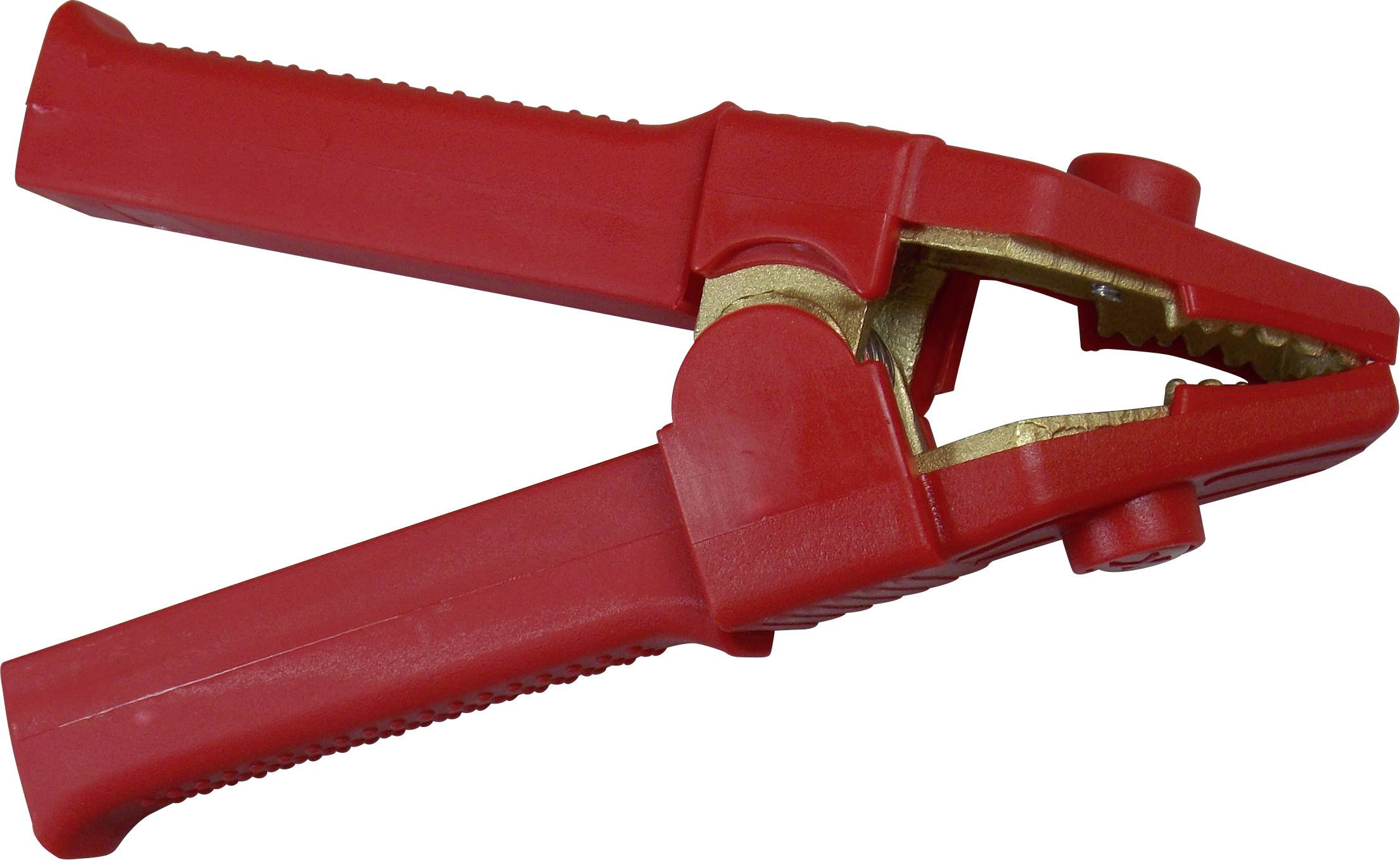 Red plastic battery terminal with metal teeth.