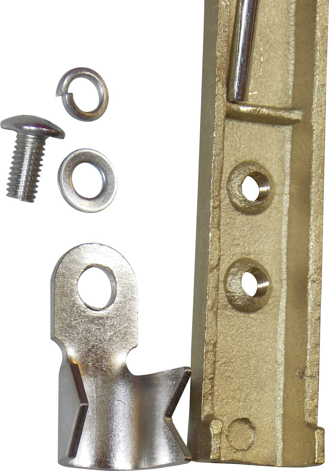 Metal fittings consisting of a screw, washer, and bracket next to a gold-coloured, perforated metal strip.