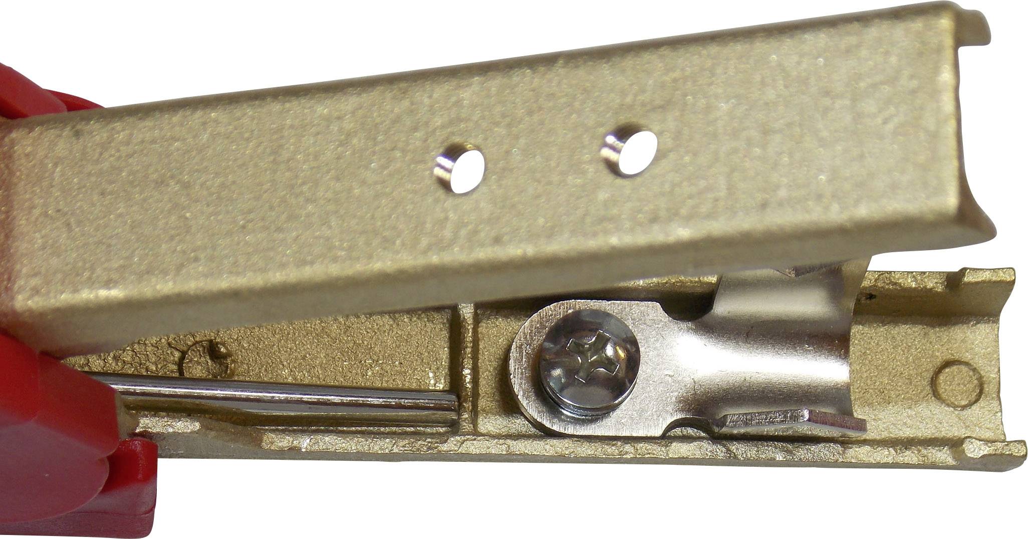 Close-up of a gold-coloured hinge with a red plastic handle. Screws and metal connection are visible.