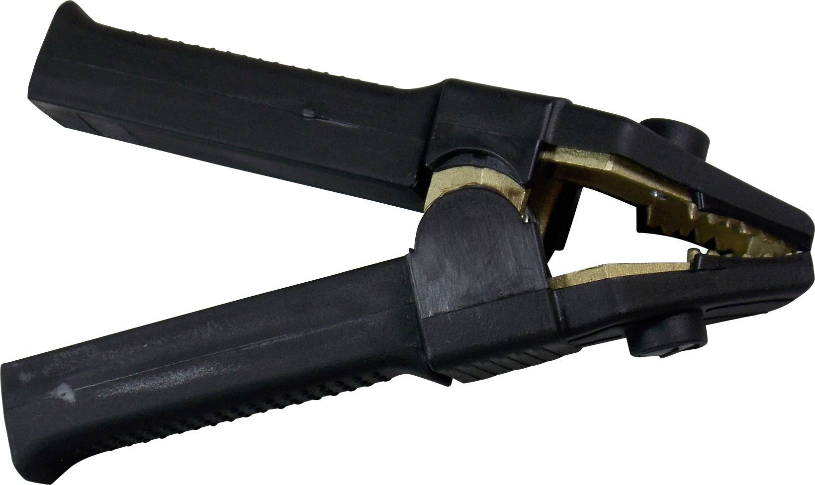 Black battery terminal connector with serrated metal jaws, used for connecting battery terminals in cars or boats.