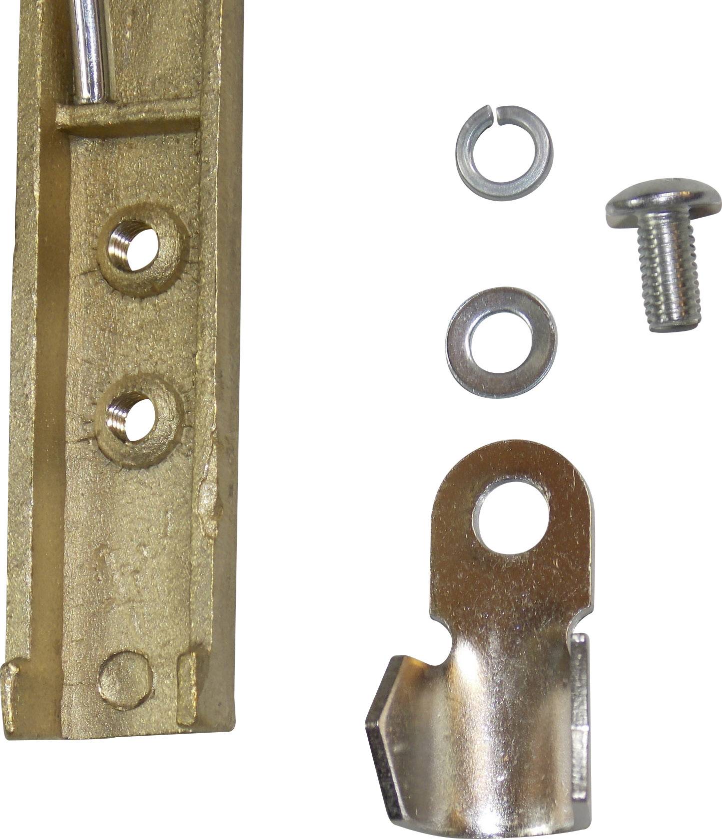 Metal parts of a mechanism: a rod with drilled holes, a washer, a screw, a semi-circular piece with aperture openings.