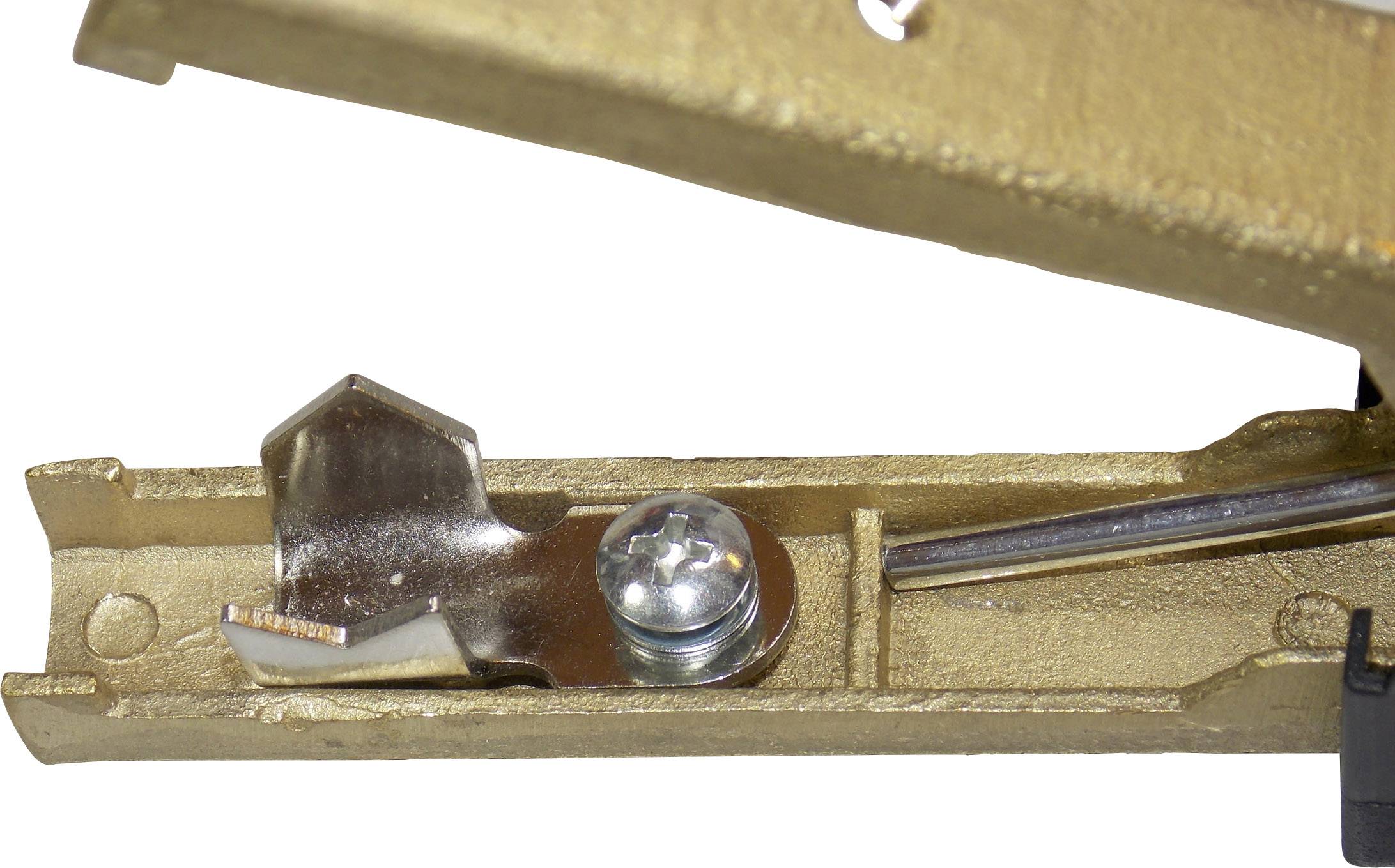 A gold-coloured metal hinge with a silver screw and a spring interlocking to form a mechanism.