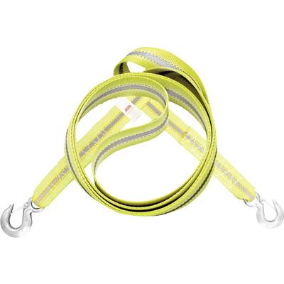 Yellow towing rope with two metal hooks at the ends, for use during breakdowns or for towing vehicles.