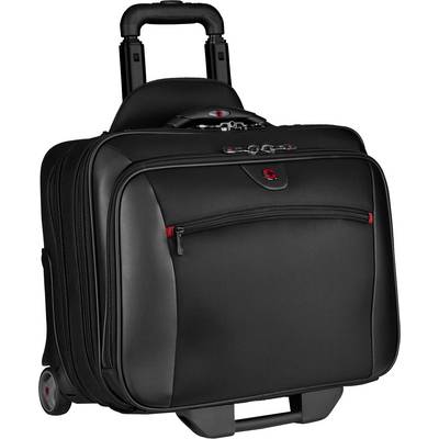 Black wheeled suitcase with telescopic handle and zip-up pockets, suitable for business trips or as cabin luggage.