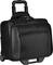 Black wheeled suitcase with telescopic handle and zip-up pockets, suitable for business trips or as cabin luggage.