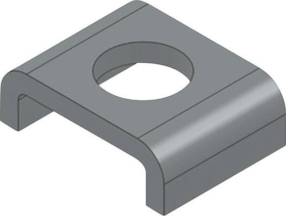 Grey, rectangular component with a central hole and curved edges, used for fastening or as a spacer in mechanical engineering.
