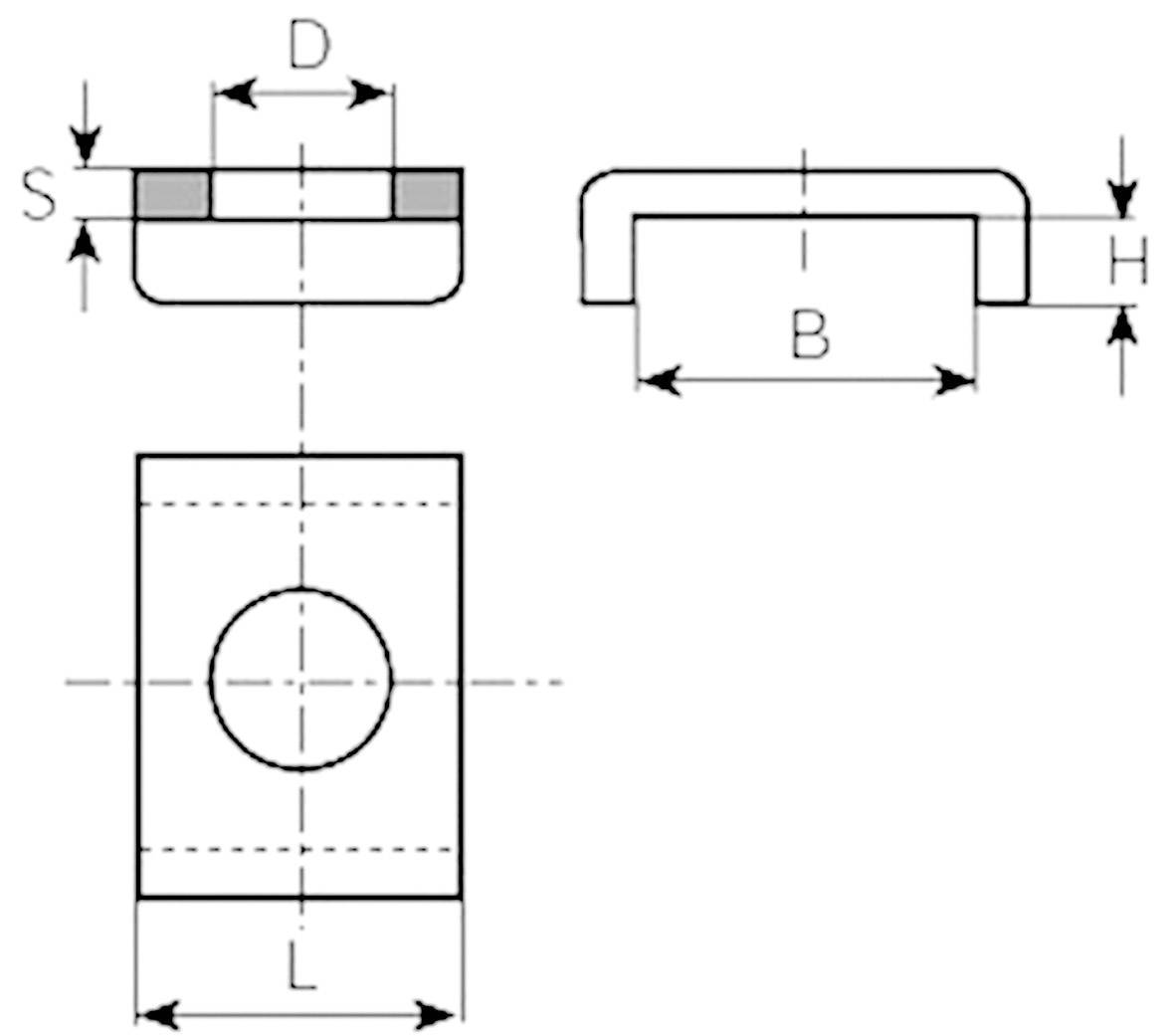 Technical drawing of a rectangular component with dimensions marked: D, S, H, B, and L. Top view and side view shown.