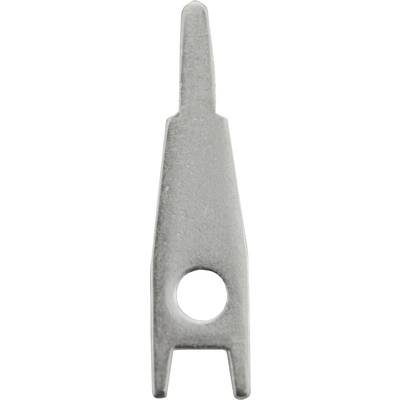 Metal butcher's hook, metallic grey, with a hole in the centre and a tapering, slender shape.