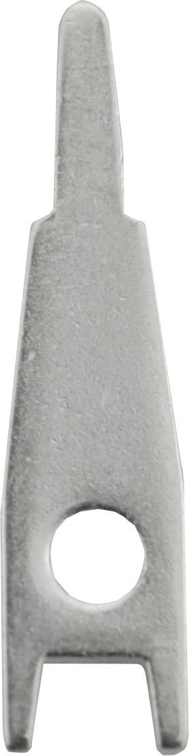 Metal wedge with a long, narrow body and a circular hole in the centre, suitable for mechanical applications or fixings.
