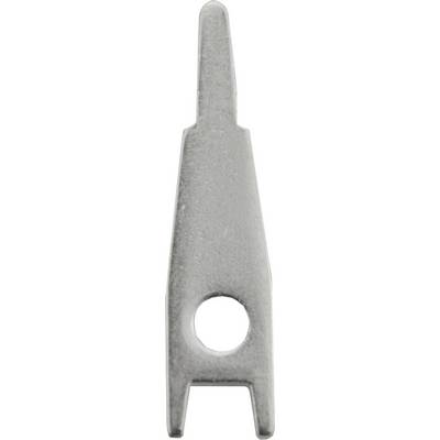 Metal wedge with a long, narrow body and a circular hole in the centre, suitable for mechanical applications or fixings.