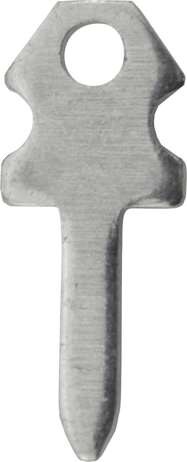 A silver-coloured metal hook in the shape of a key head with a hole at the top and a pointed bottom, suitable for fastening.