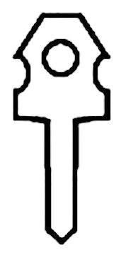 Outline of a stylised key card with symmetrical notches and a central circle, representing access or security.