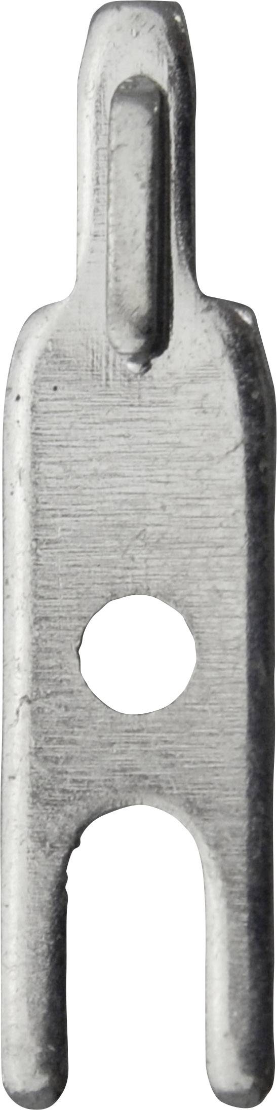 A silver-coloured metal connector with a hole in the centre and two parallel ends. Used for electrical applications.